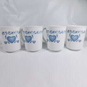 Corning Ware Sponge Blue Heart Coffee or Tea Cups Vintage Set Of 4 Made in USA